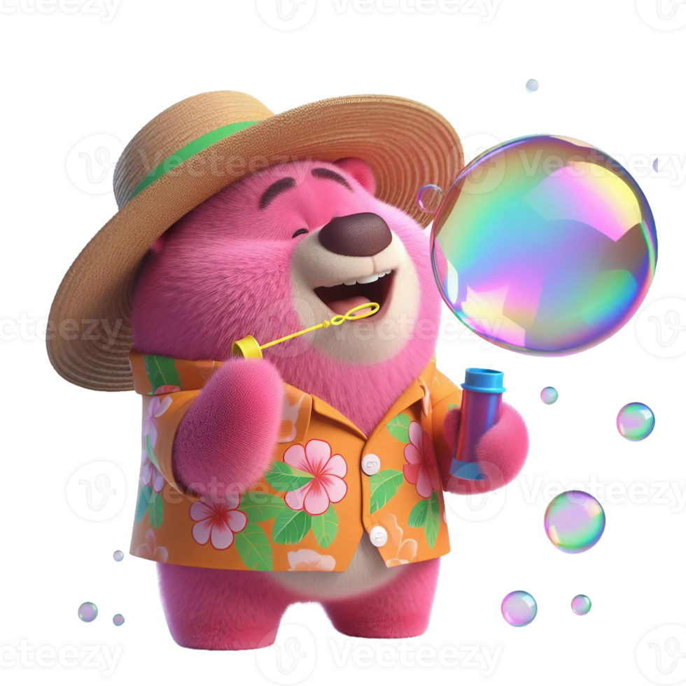 Pink teddy bear in straw hat and colorful shirt blows big soap bubbles png