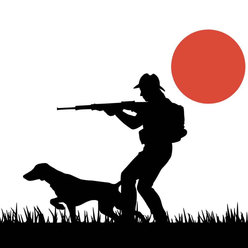 hunting silhouette of a man with a dog on a field png