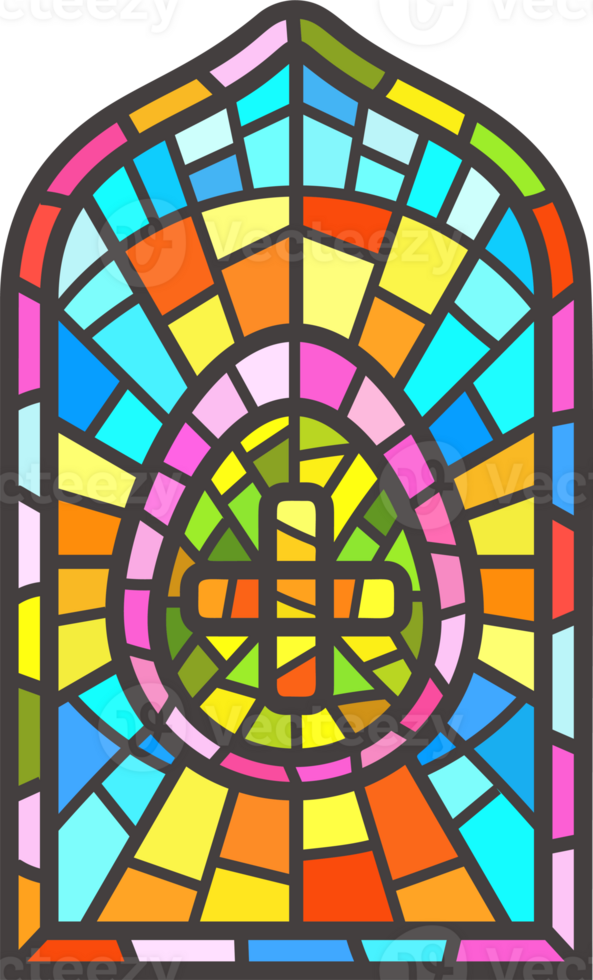 Church stained window. Christian mosaic glass arch with Easter egg with cross png