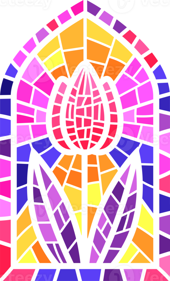 Church glass window. Stained mosaic catholic frame with religious symbol tulip flower. Color illustration png