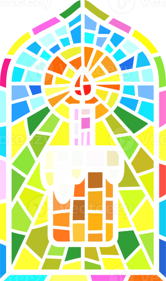 Church stained window. Christian mosaic glass arch with Easter cake and candle png