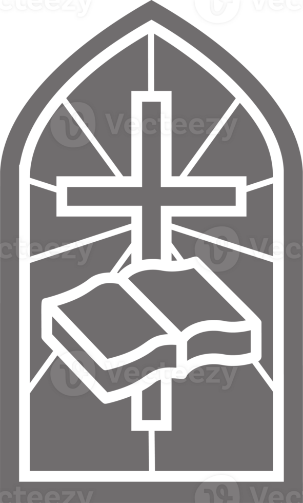 Iglesia vaso ventana. manchado mosaico católico y cristiano marco con cruzar y Biblia libro. gótico medieval contorno arco png