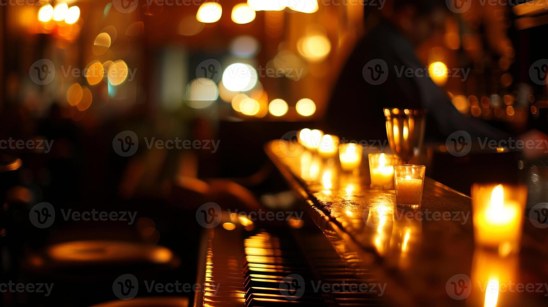 Soft jazz music plays in the background adding to the and sophisticated vibe of the candlelit tail bar. 2d flat cartoon photo