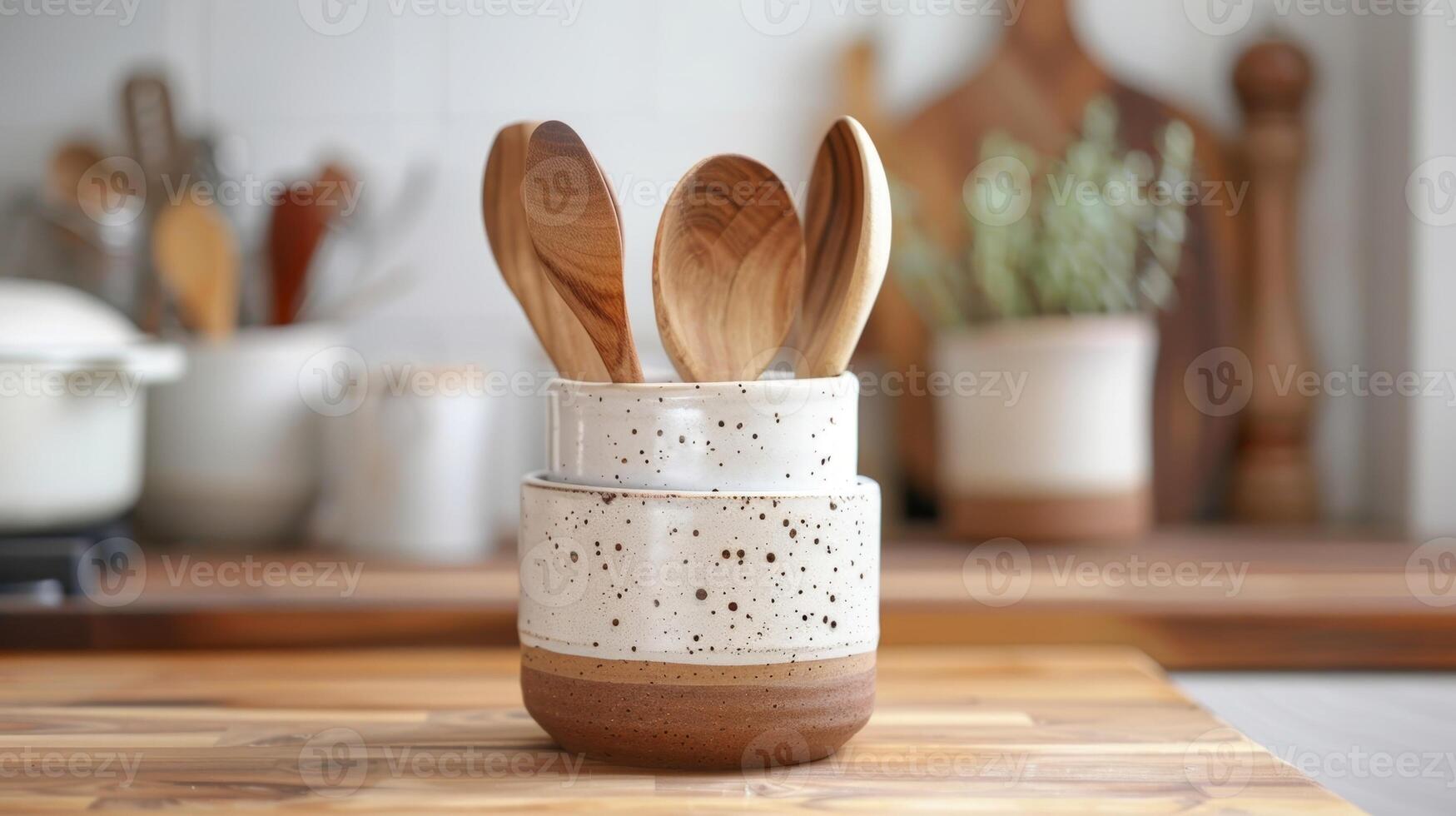 A versatile utensil holder handcrafted with a blend of stoneware and porcelain clay and featuring a minimalist design suitable for any kitchen decor. photo