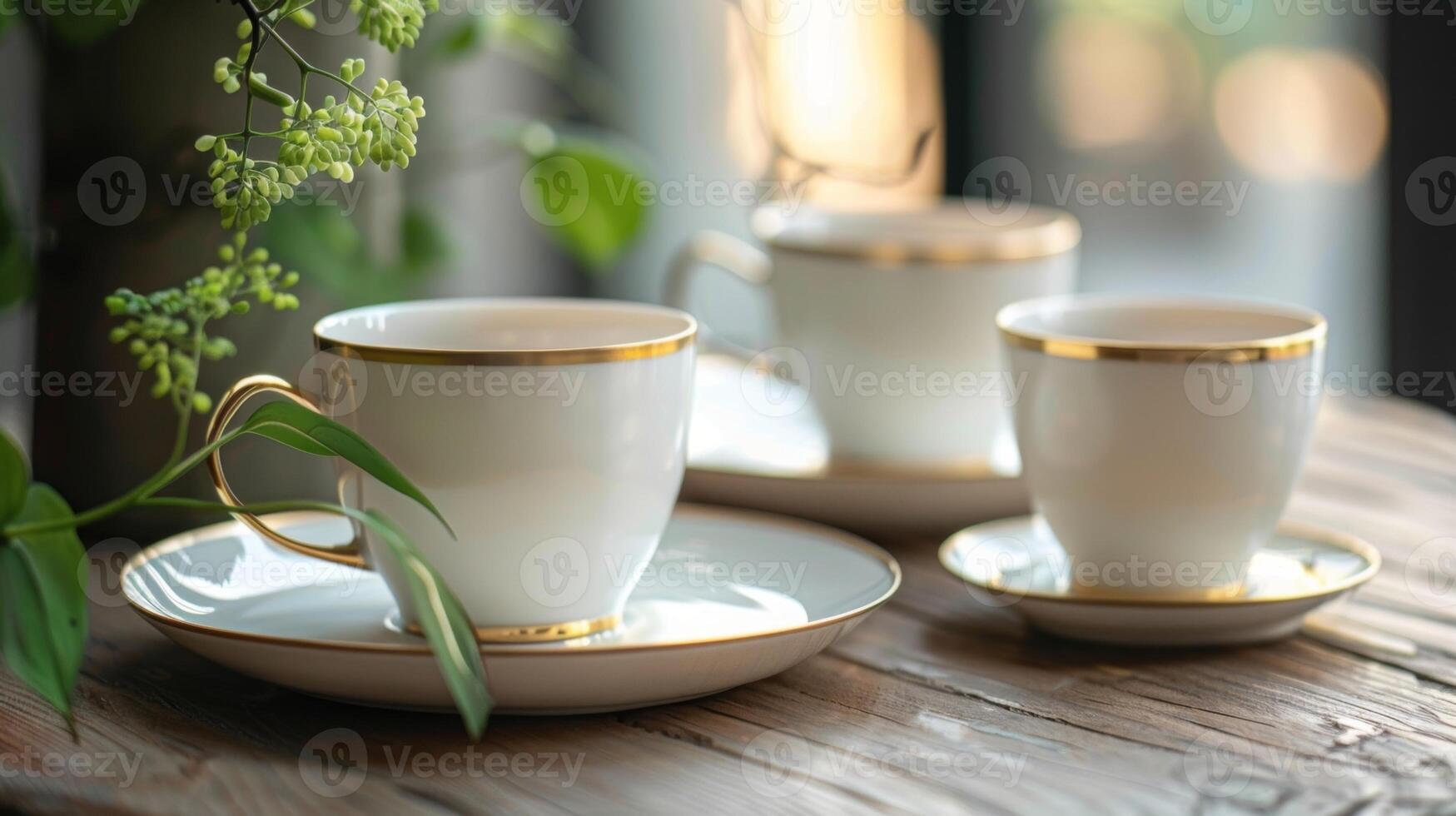 un minimalista aún sorprendentes cerámico té conjunto con un sencillo todo blanco diseño y el adición de un oro borde en el tazas de té agregando un toque de glamour. foto