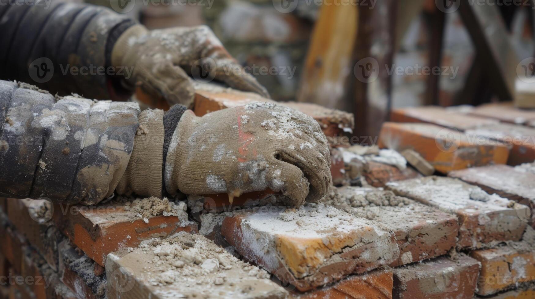 el satisfactorio sonido de ladrillos haciendo clic dentro sitio como el albañiles manos trabajo diligentemente a completar el tarea foto