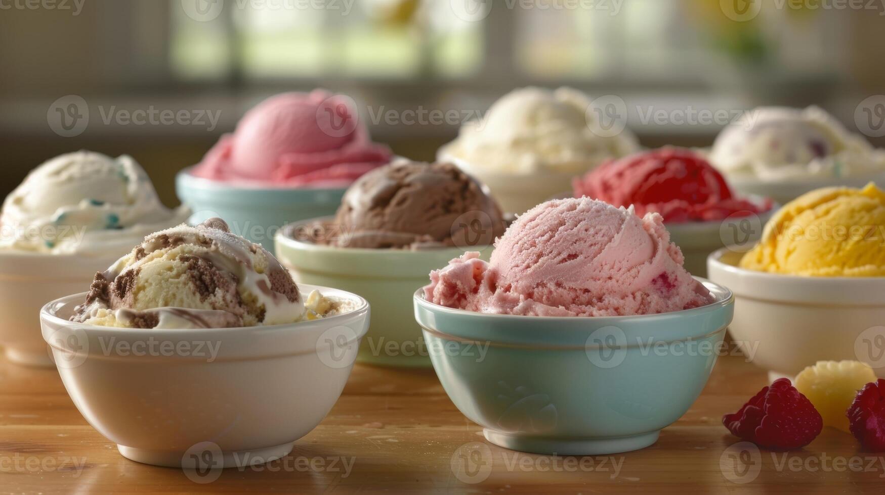 In the center of the table a colorful array of ice cream flavors awaits including classic vanilla rich chocolate and fruity sorbets photo