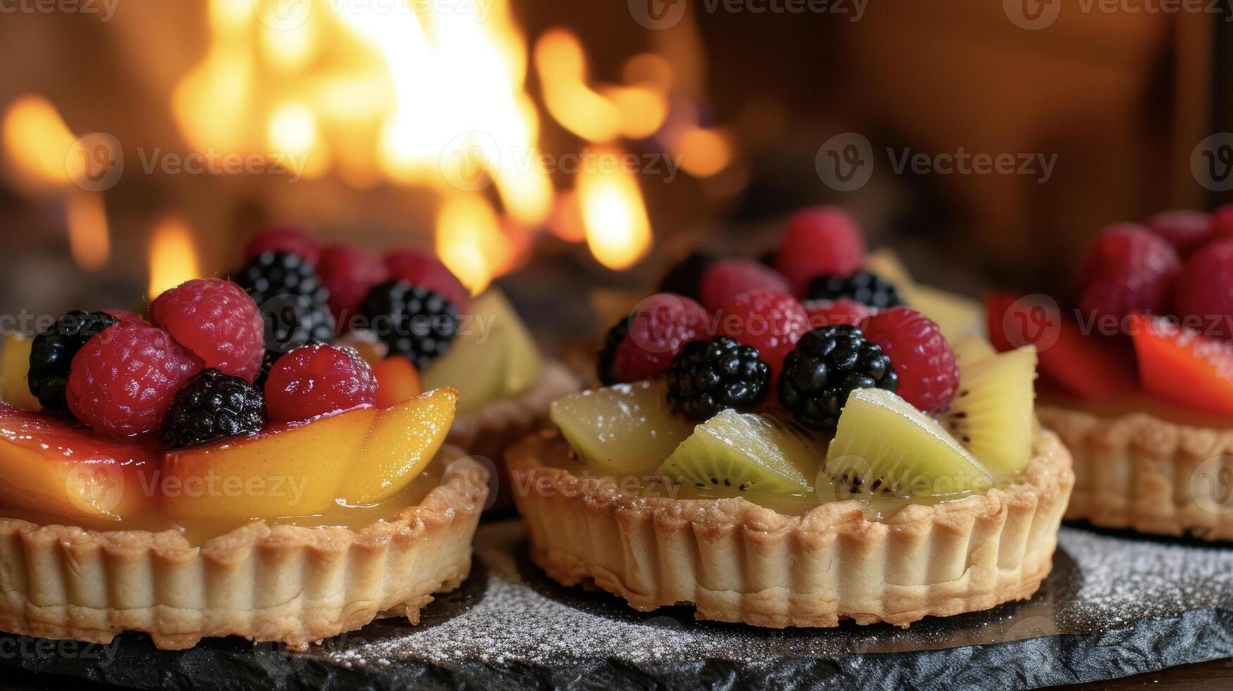 As the fire crackles in the background these firekissed fruit tarts offer a delightful combination of crisp pastry warm filling and juicy fruits. Each bite is like a comfortin photo