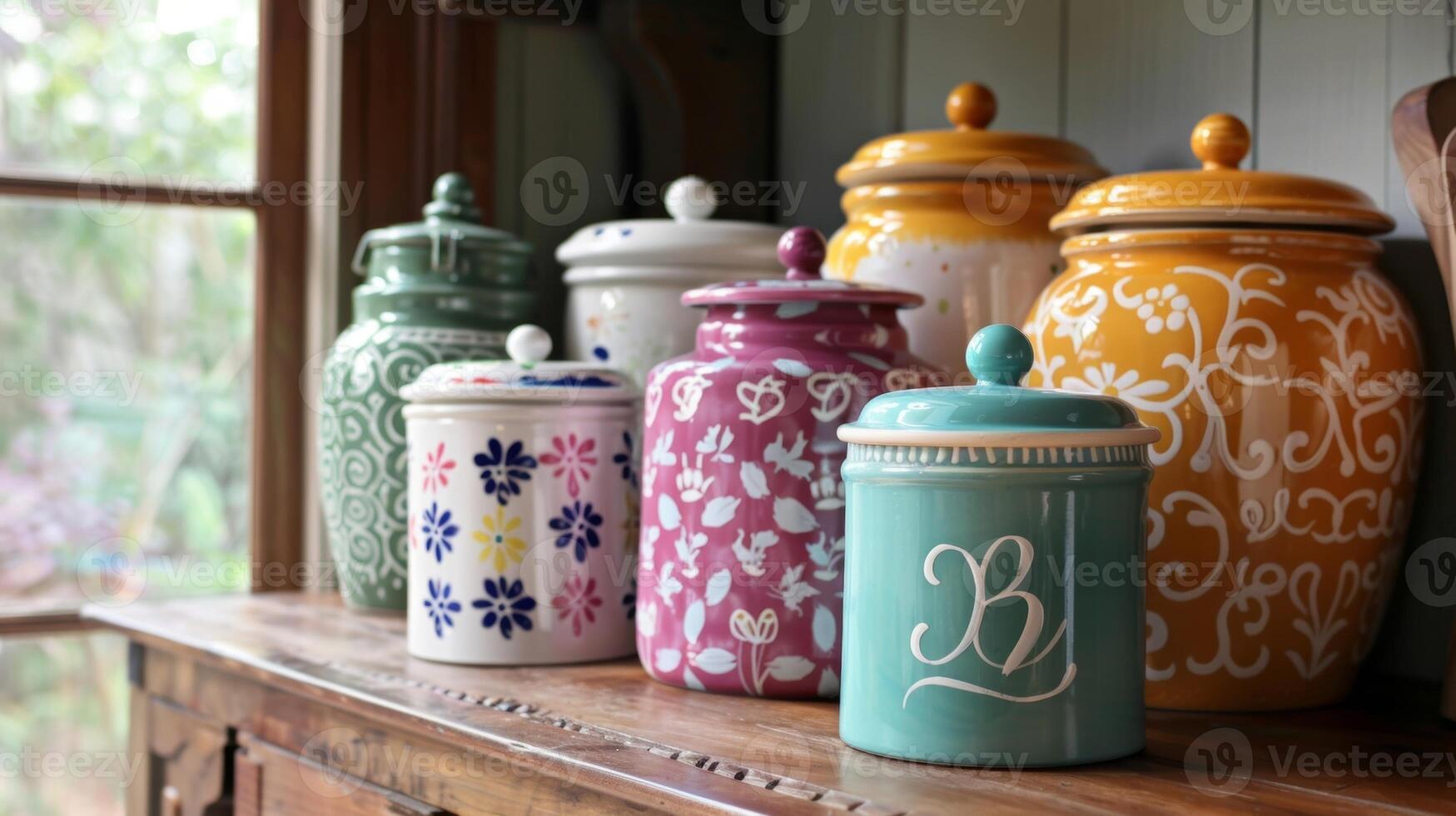 A variety of personalized kitchen canisters each one handpainted with a customers initials. photo