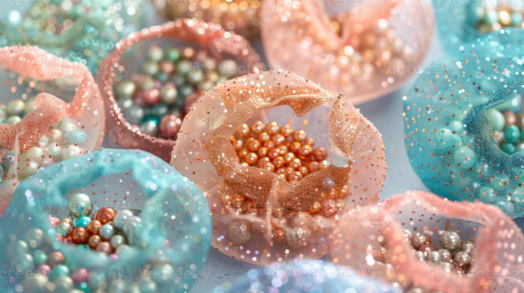 A set of small round mesh bags filled with beads and glitter used for adding unique embellishments to glazed surfaces. photo