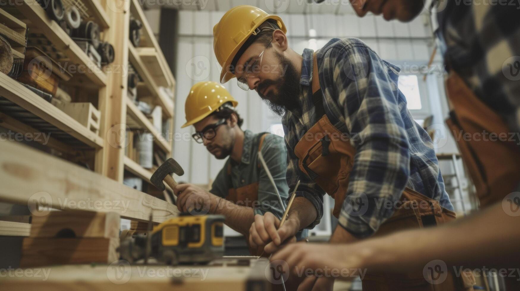 A group of friends armed with hammers and nails eagerly start building a custommade bookshelf for their shared living room space photo