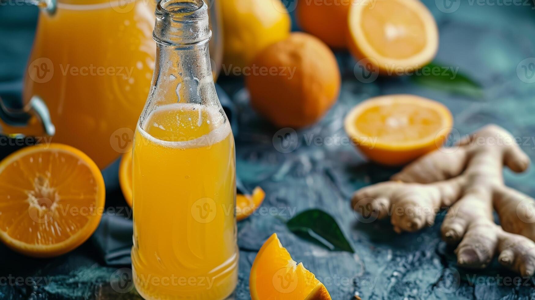 A bottle of nonalcoholic ginger beer next to a pitcher of freshly squeezed orange juice ready to be mixed into a zesty orange ginger mocktail photo