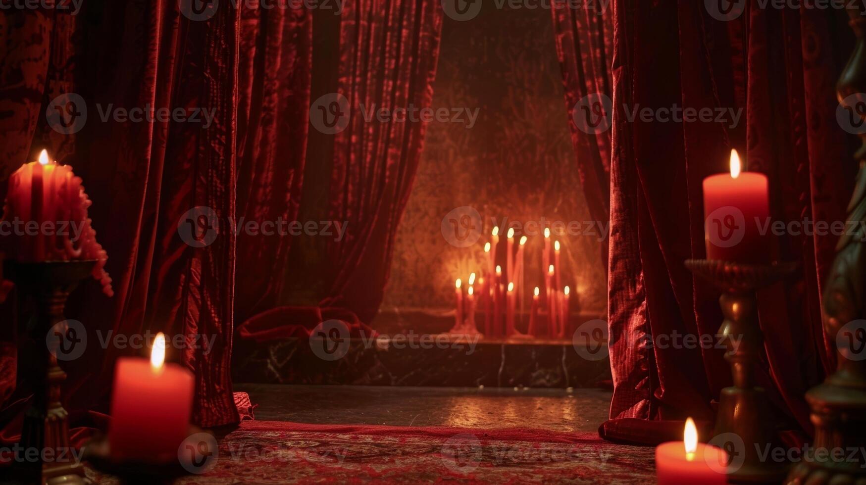 Deep red velvet curtains framing the candlelit scene adding a touch of richness and romance. 2d flat cartoon photo