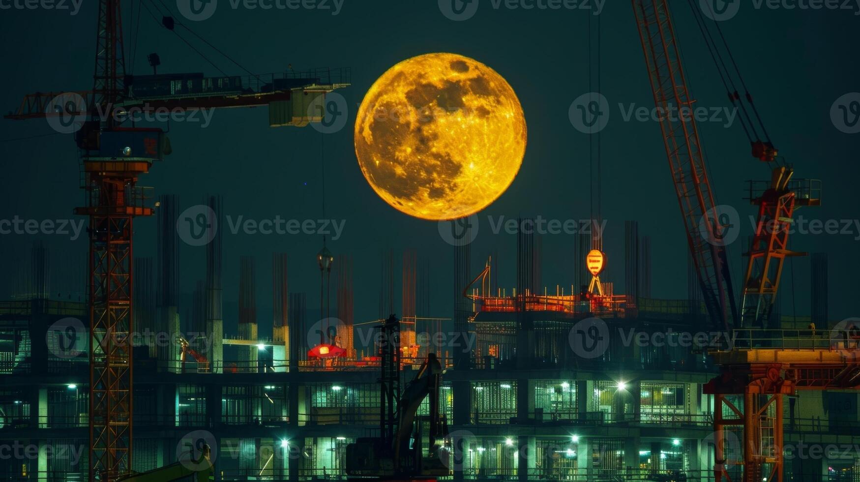 As the moon rises overhead a bustling construction site is transformed into a sea of light with cranes bulldozers and hardworking employees all in motion to create soing great photo