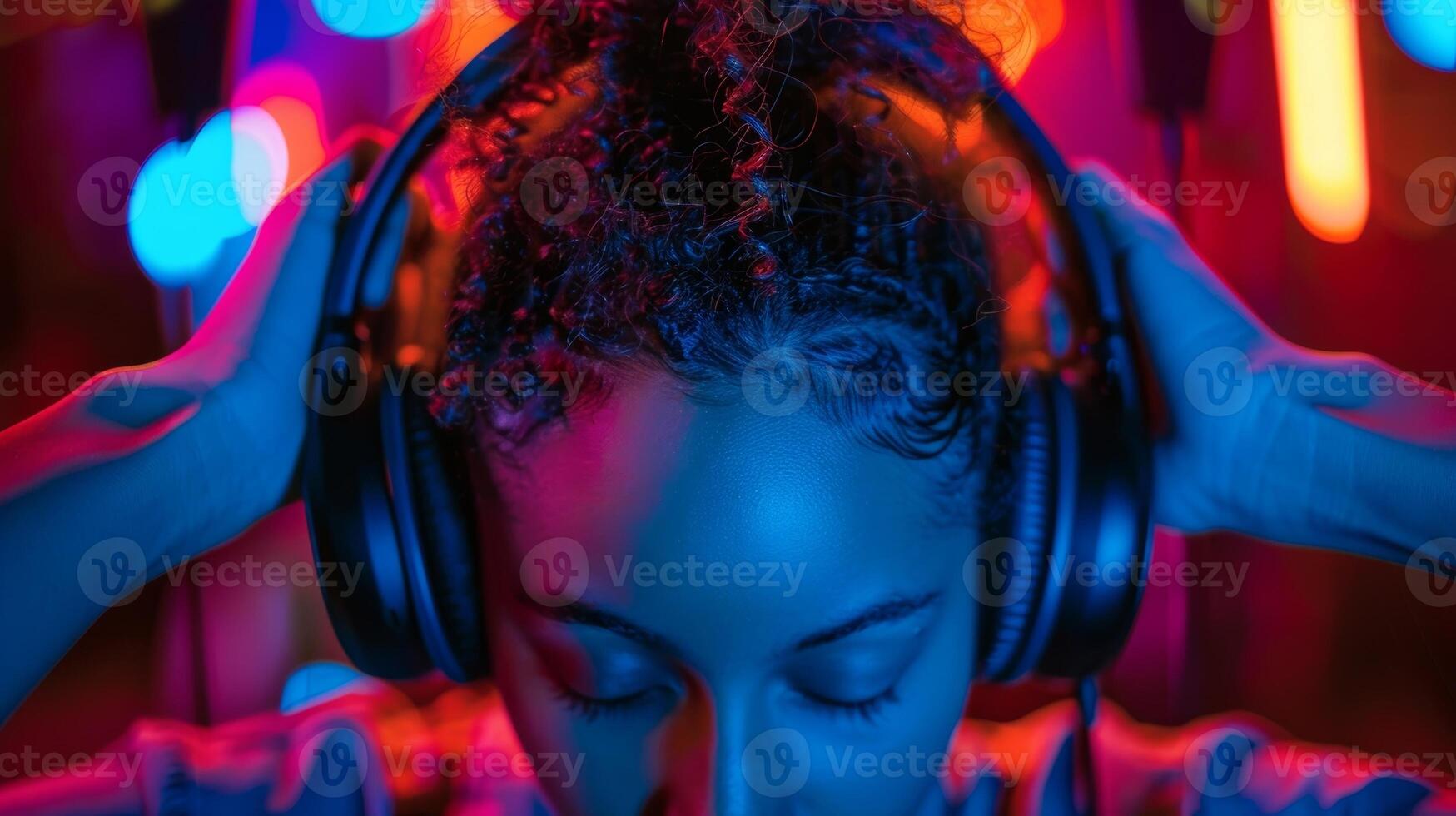 A participant adjusting their headphones getting ready to dance to their preferred genre of music photo