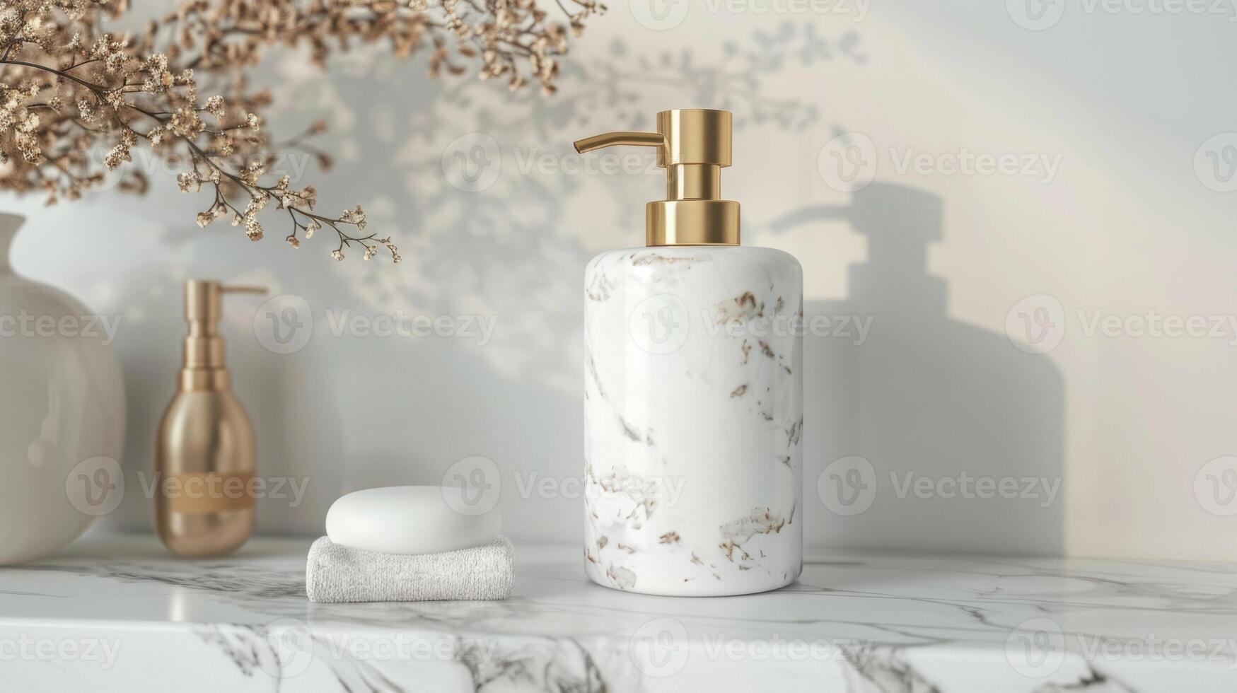 Blank mockup of a modern and chic glass soap dispenser with a marble pattern and gold accents. photo