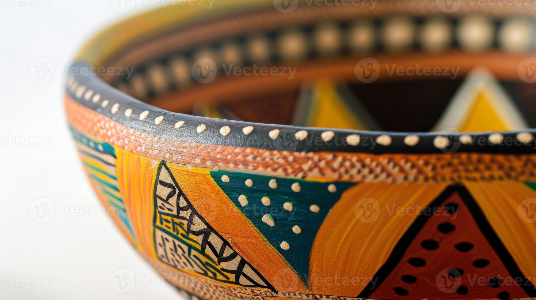 A clay bowl is meticulously handpainted with a traditional African pattern showcasing the vibrant colors and cultural significance of the art form. photo