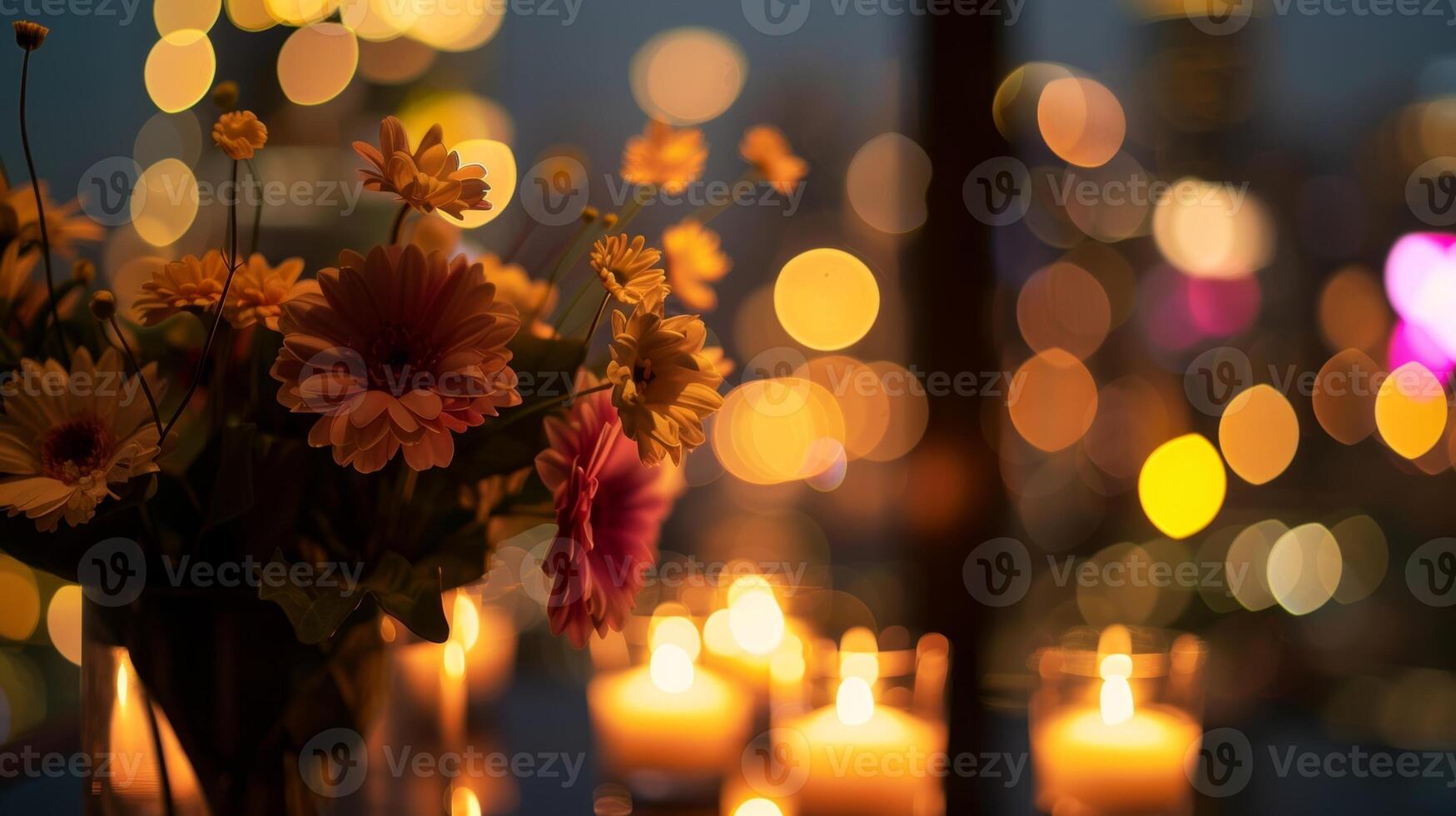 With the city skyline as a backdrop the candlelit atmosphere creates a cozy and intimate setting for the flower arranging class. 2d flat cartoon photo
