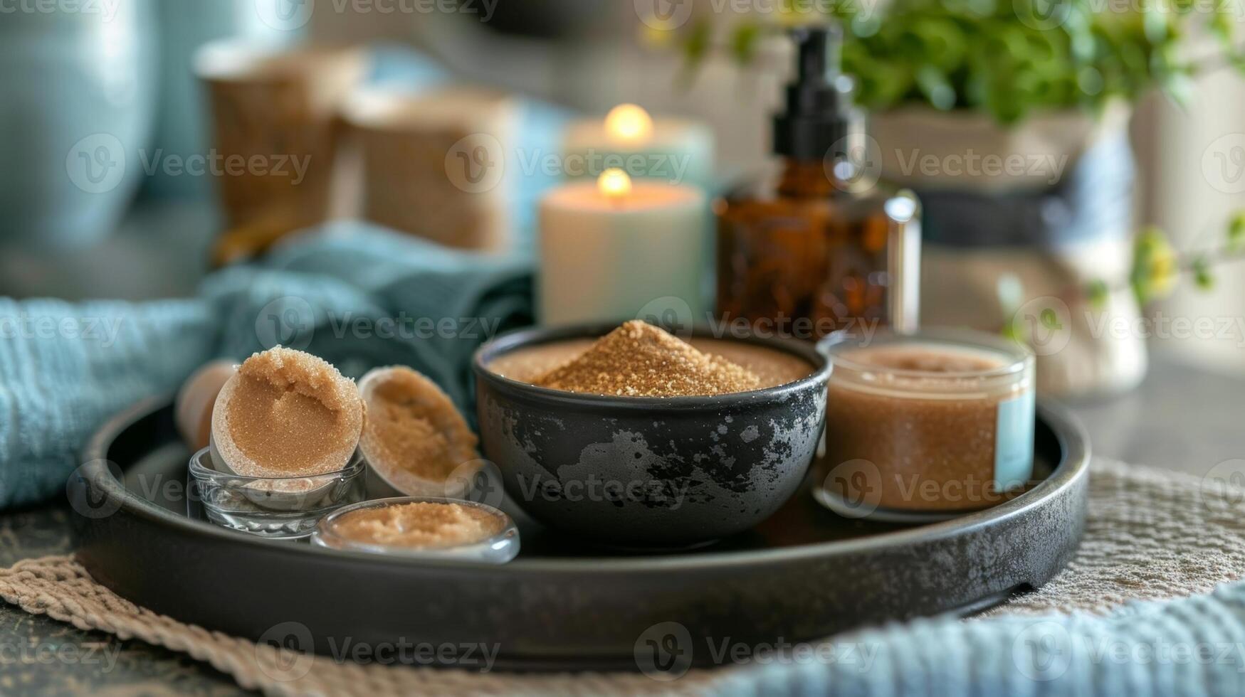 A tray of indulgent spa items such as a face mask and exfoliating sugar scrub sits within arms reach photo