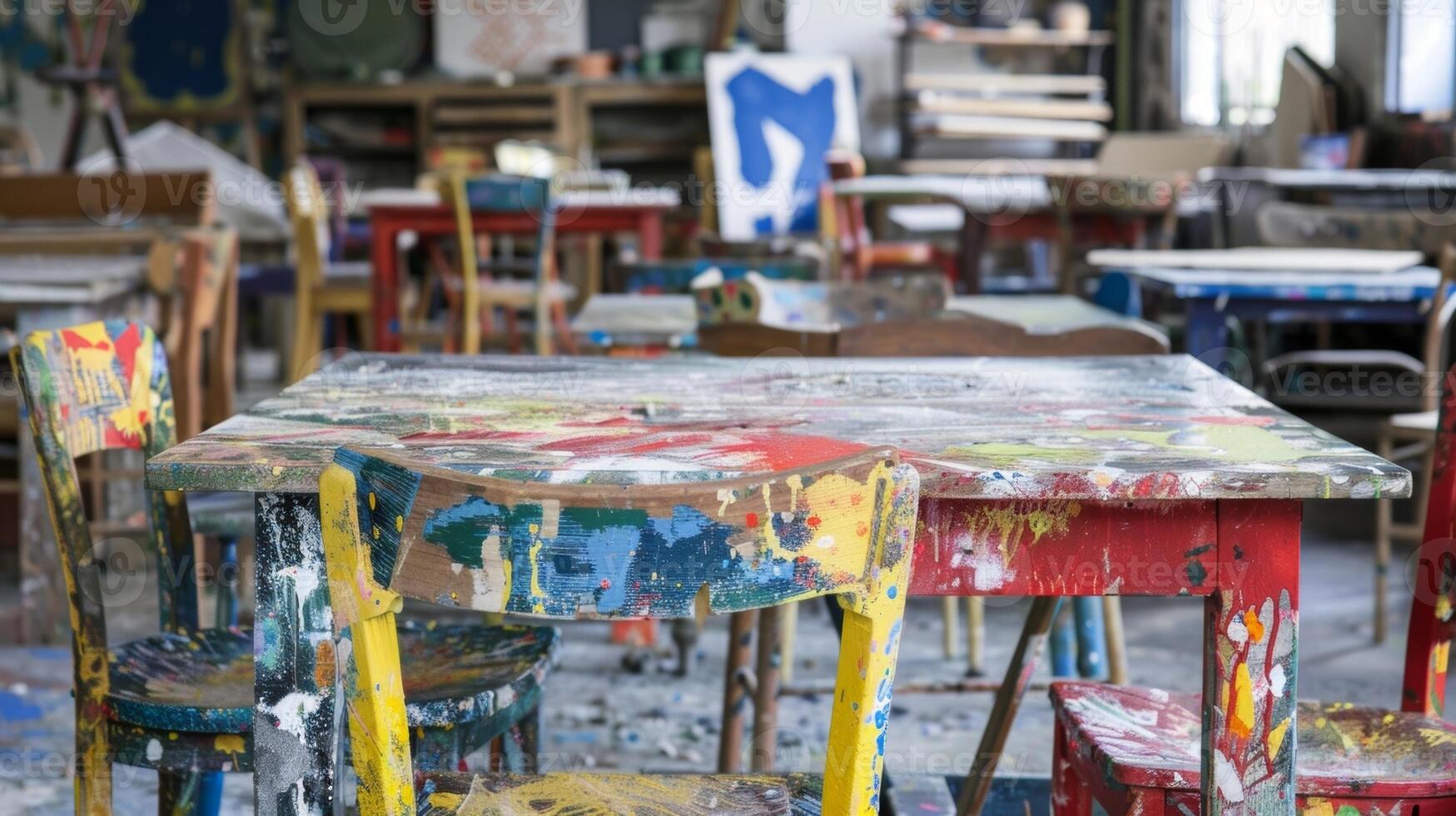 Paintsplattered tables and chairs testament to the passion and creativity that fills the workshop. 2d flat cartoon photo