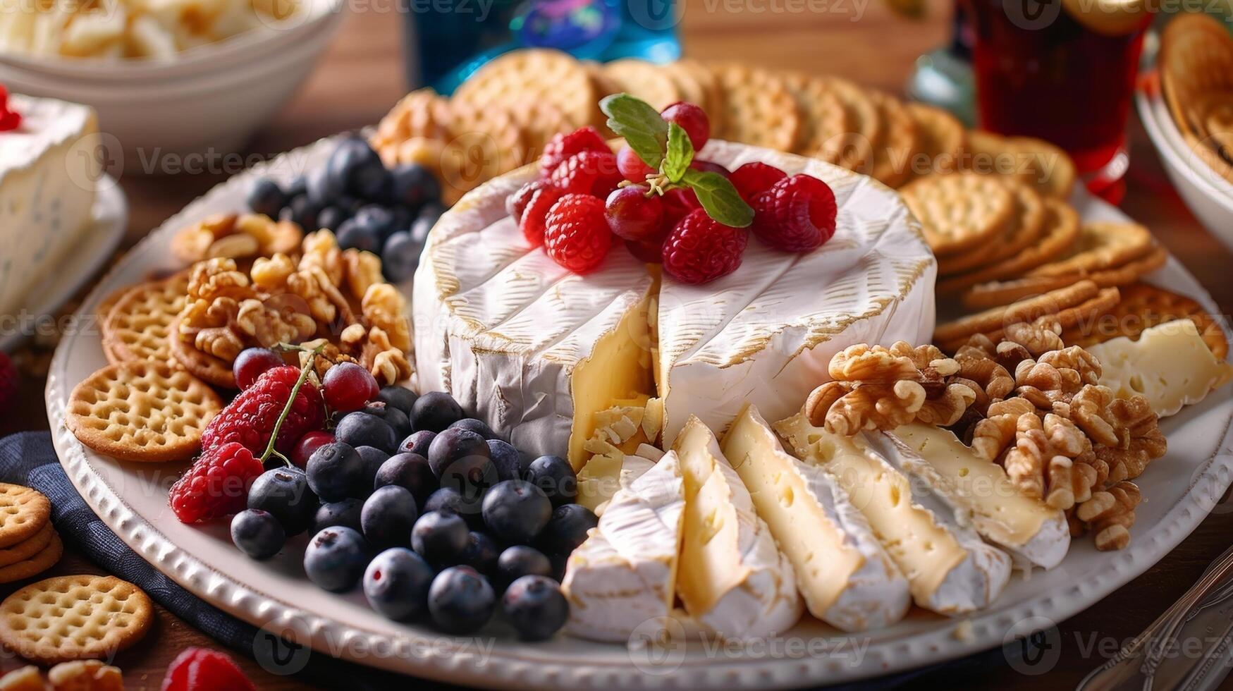 A delectable spread of artisanal cheeses such as tangy Roquefort creamy Camembert and nutty aged cheddar beautifully arranged with a mix of juicy berries crispy crackers and honeyroaste photo