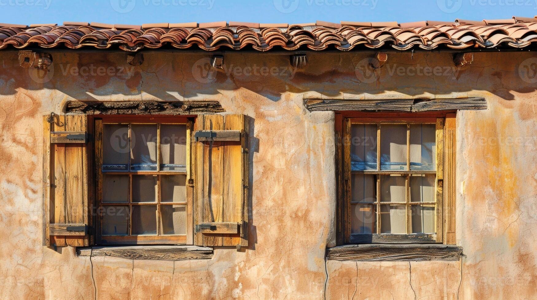 un polvoriento adobe edificio con florido de madera persianas y un Español loseta techo exhibiendo un fusión de frontera y mexicano influencias foto