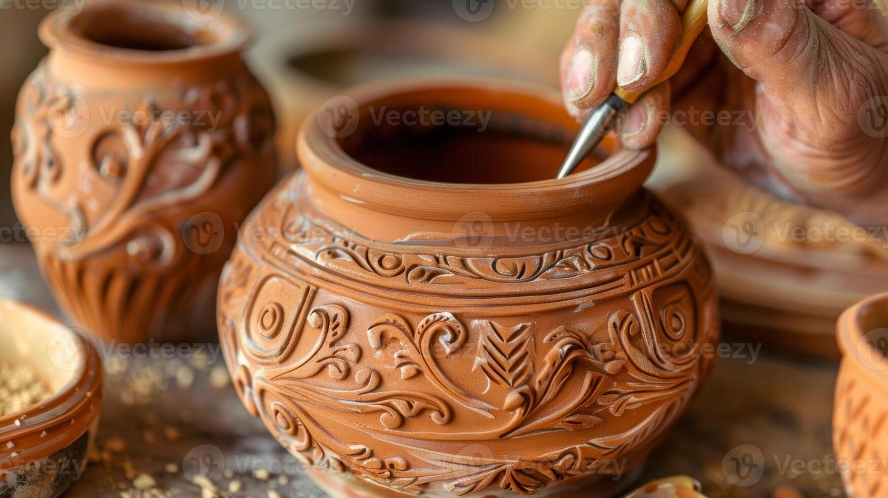 An artist using a carving tool to expertly etch a personalized design onto a clay pot. photo