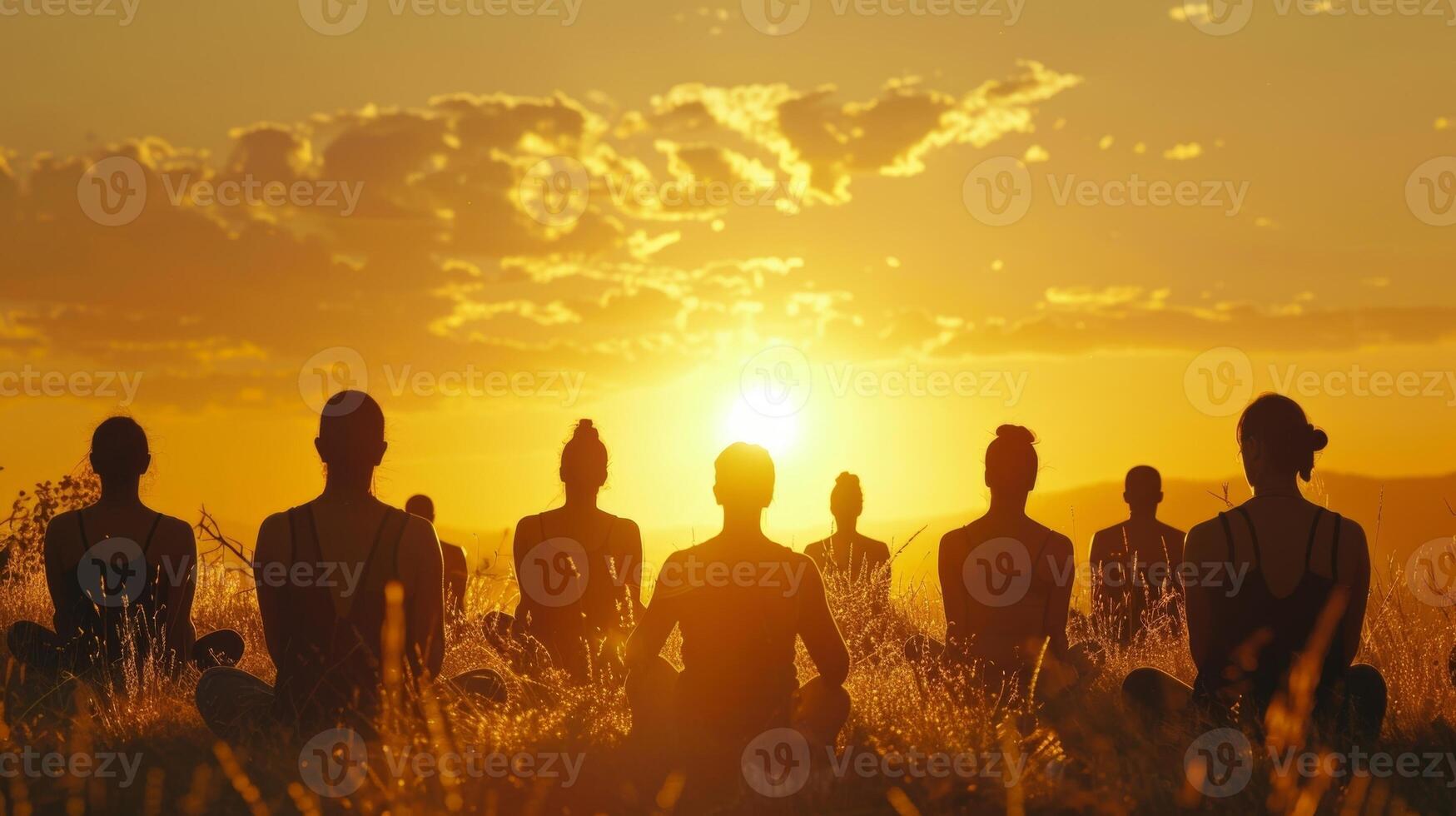 conjunto en contra un fondo de un hermosa amanecer un grupo de individuos saludar el día con un consciente de respiración ejercicio foto