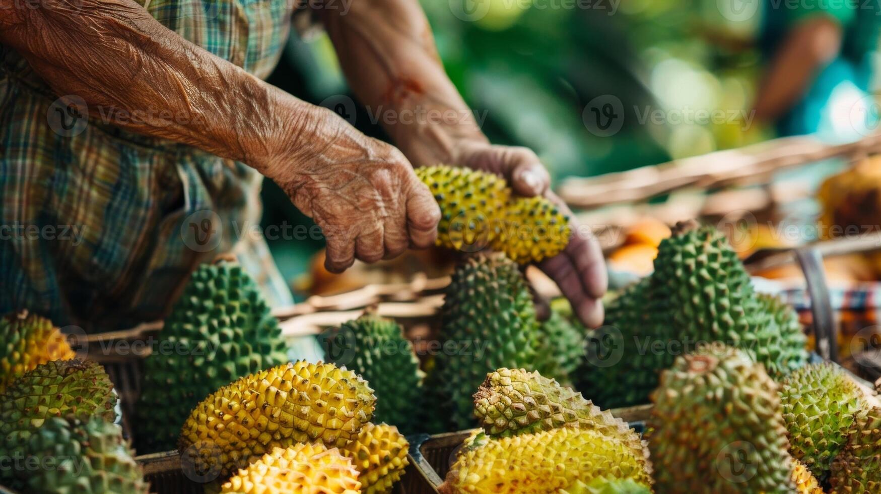 A closeup of a fruit vendors hands carefully selecting a ripe mysterious looking fruit from a basket photo