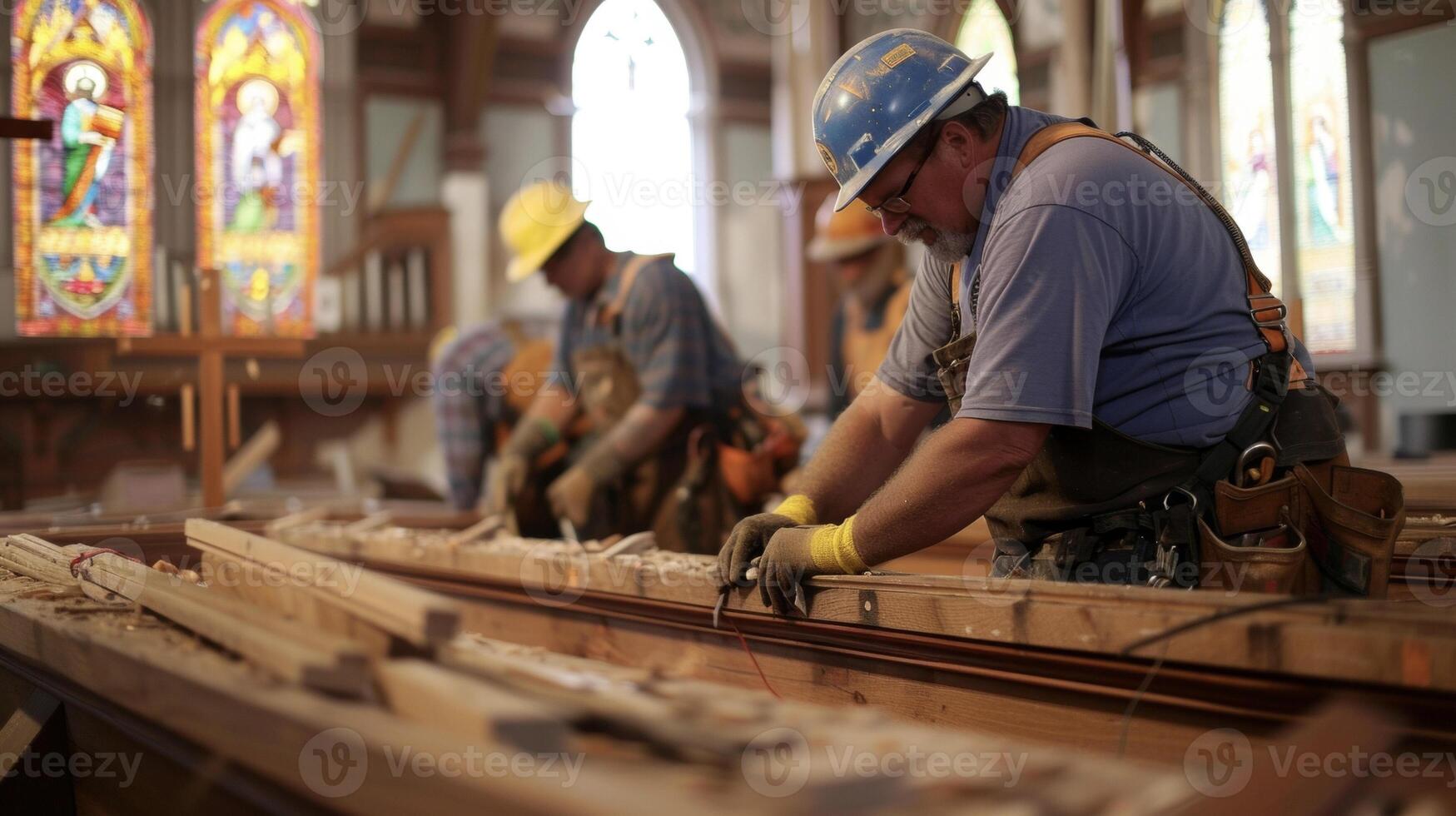 A group of skilled artisans tirelessly work on the restoration of a historical church carefully restoring the original stained glass windows and repairing the ornate woode photo