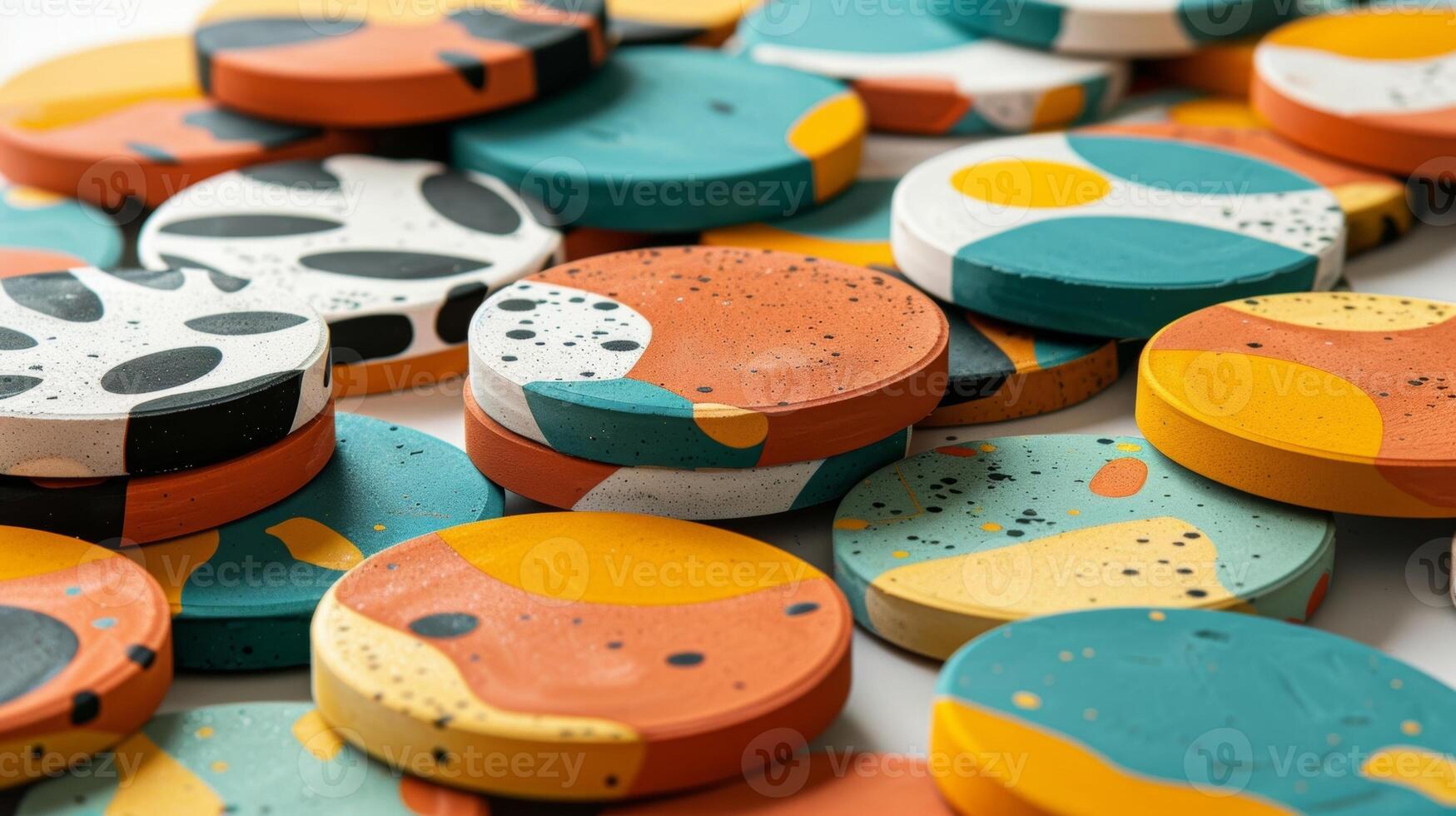 A collection of terrazzostyle coasters in vibrant colors of orange yellow and teal. photo