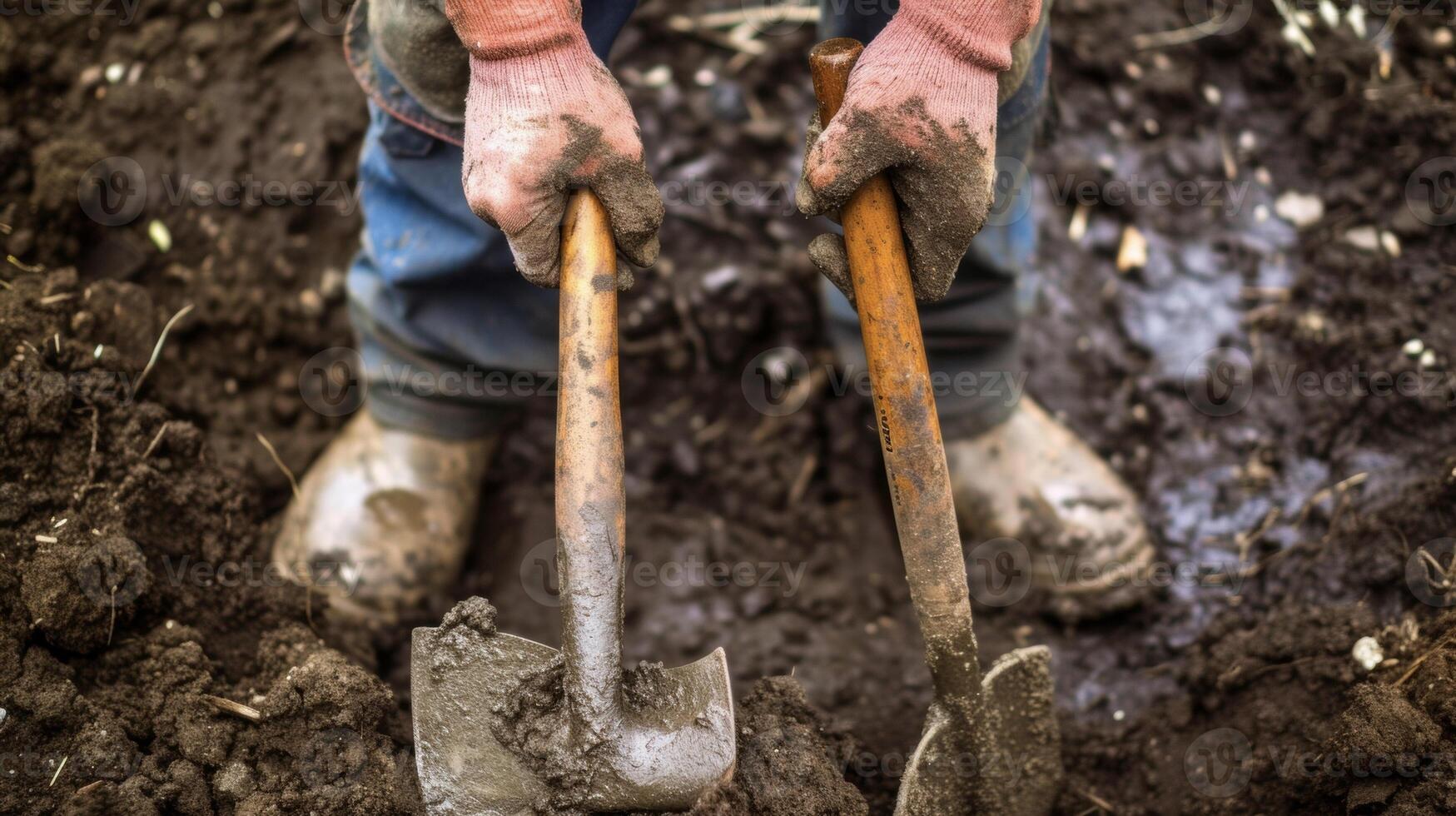 A pair of hands holding a set of tools while standing in a muddy backyard with a caption reading weather woes strike again during our DIY landscaping project photo