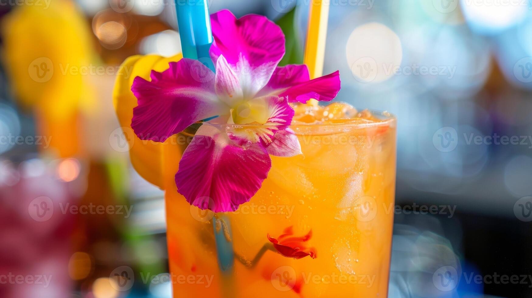 A closeup of the winning drink garnished with an edible flower and colorful straw eagerly waiting to be tasted and judged photo