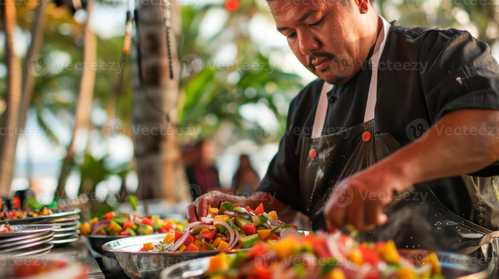 Clusters of palm trees sway in the background as the chef prepares a mango and avocado ceviche showcasing the abundance of tropical produce available on the coast photo