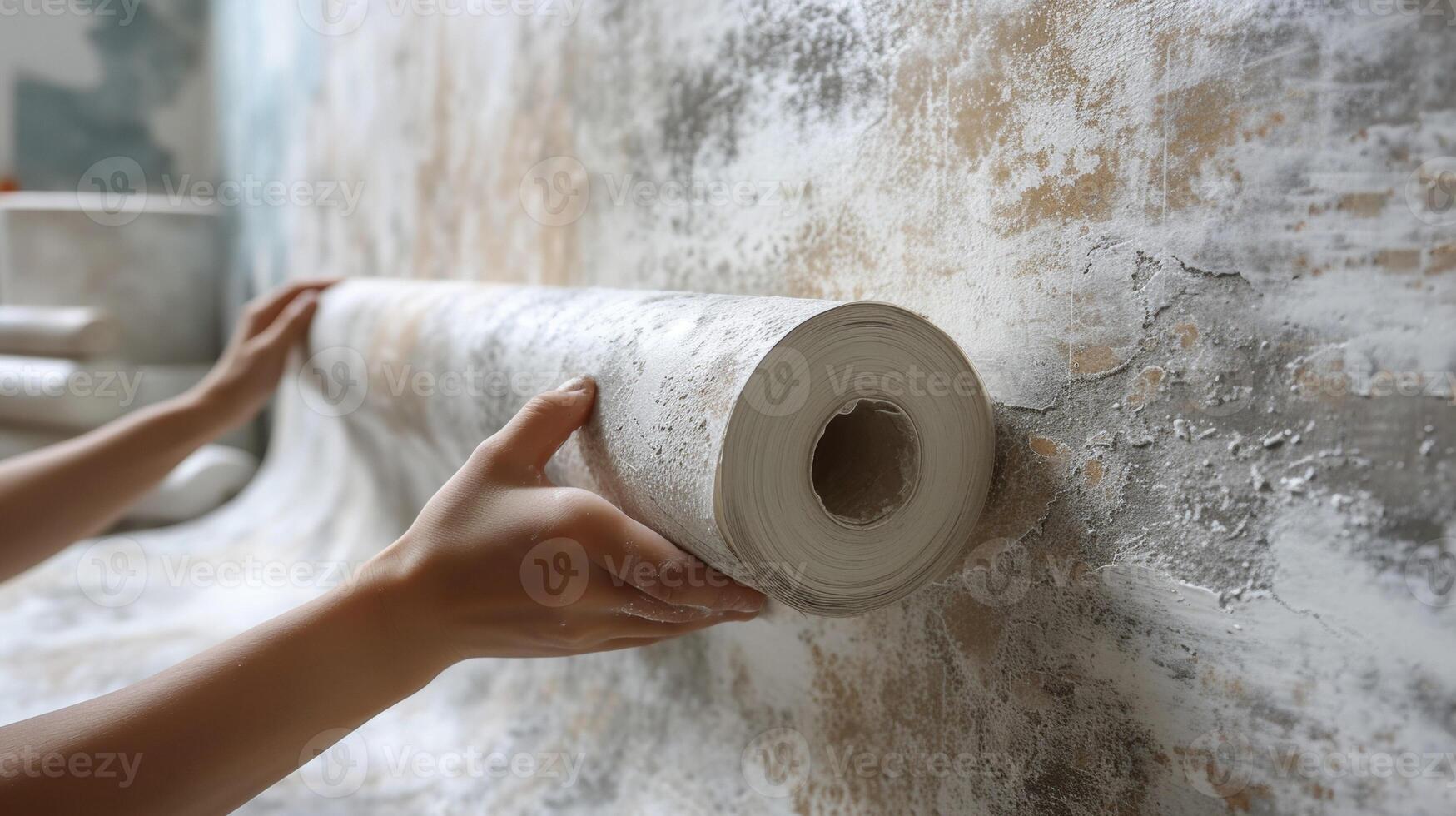 An image of a carefully measured and piece of wallpaper being held up against a wall ready for application photo