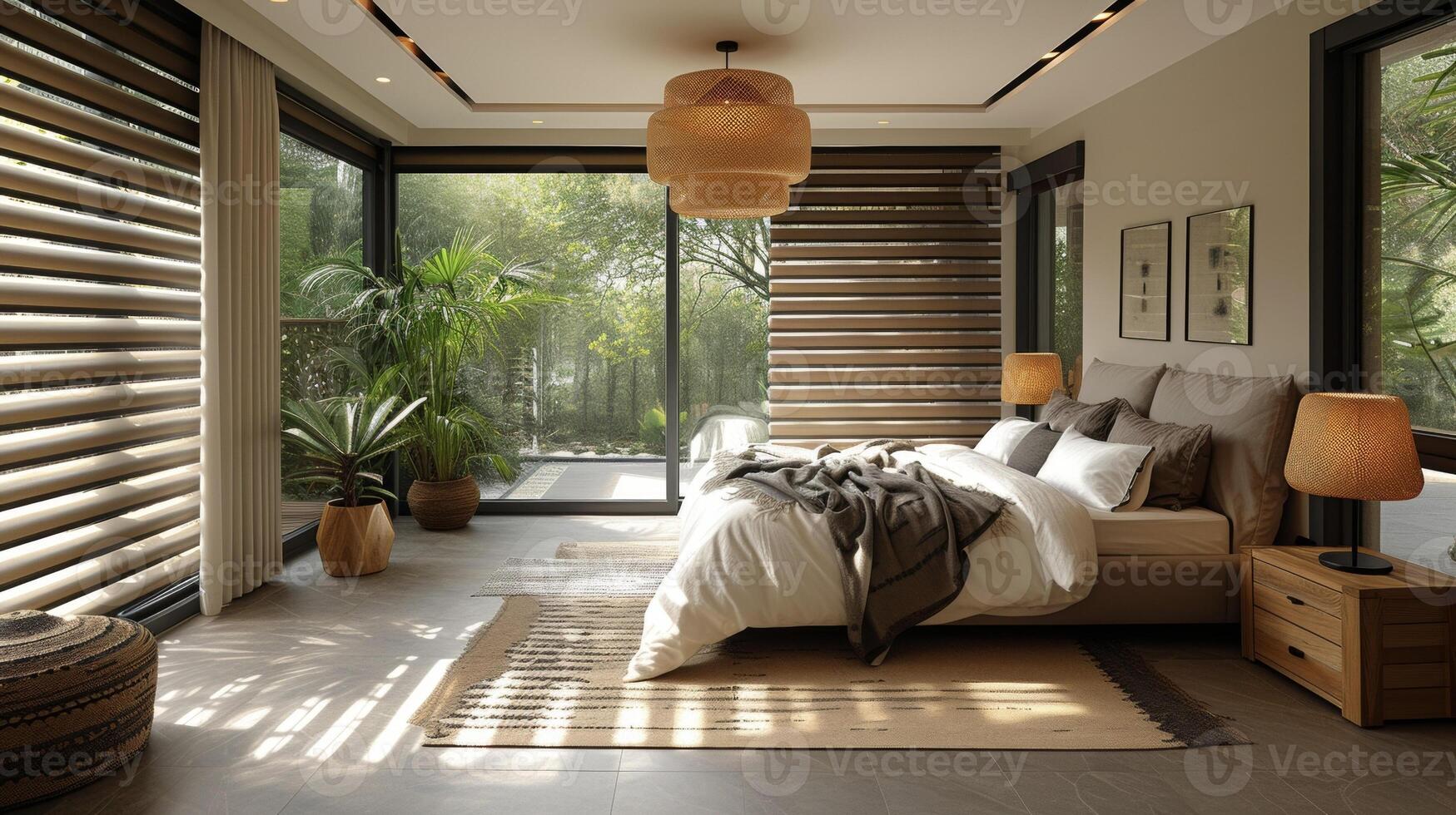 A shot of a bedroom with smart blinds showing the ability to control the amount of natural light in the room with a touch of a button photo