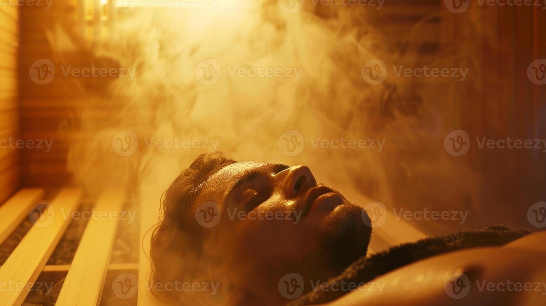 A person lying down in the sauna eyes closed and a content expression on their face as they let the heat and steam work its magic on their hangover. photo