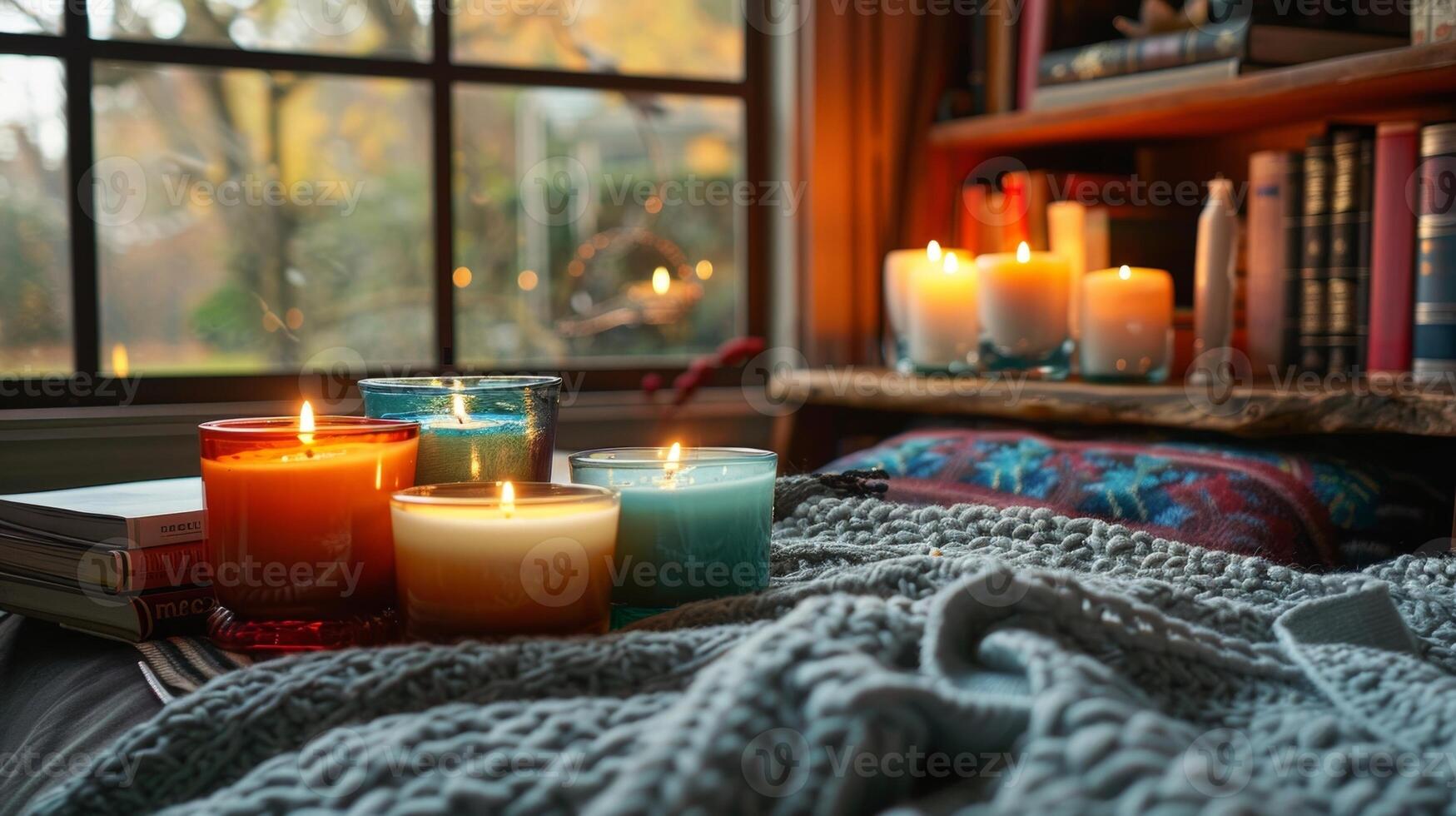 The subtle fragrance and lively colors of a group of handpoured candles adding charm to a cozy reading corner. 2d flat cartoon photo