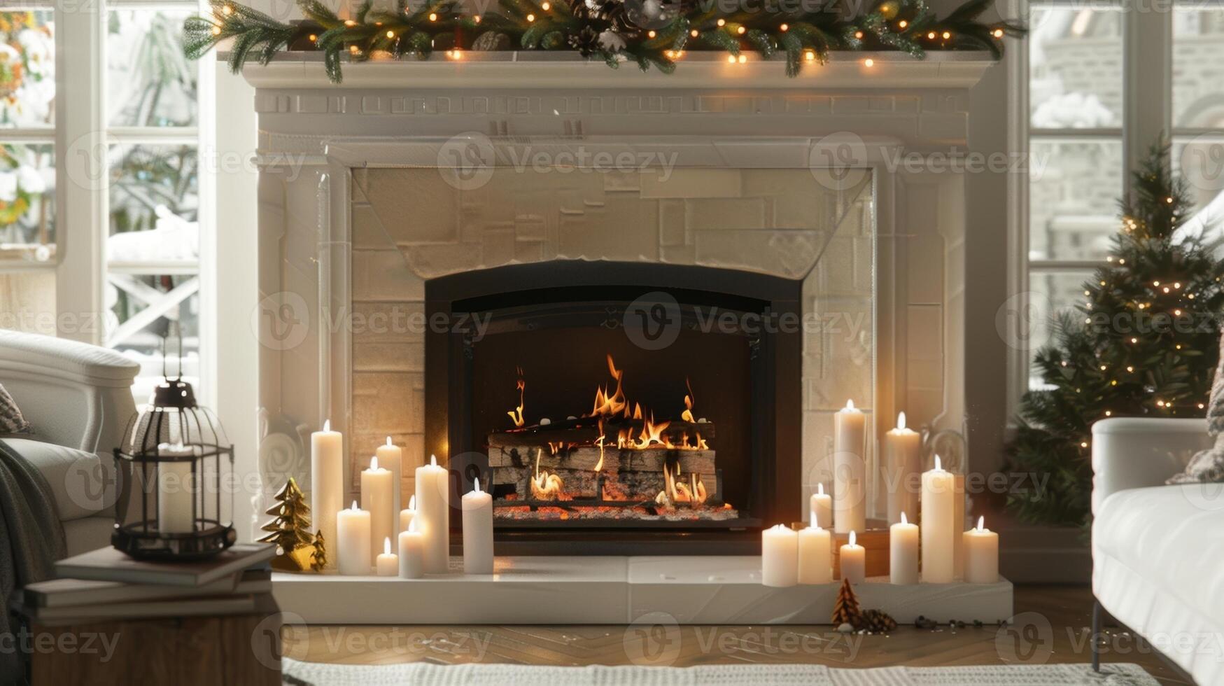 A cozy fireplace adorned with tapered candles of varying lengths bringing a soft and calming atmosphere to the room. 2d flat cartoon photo