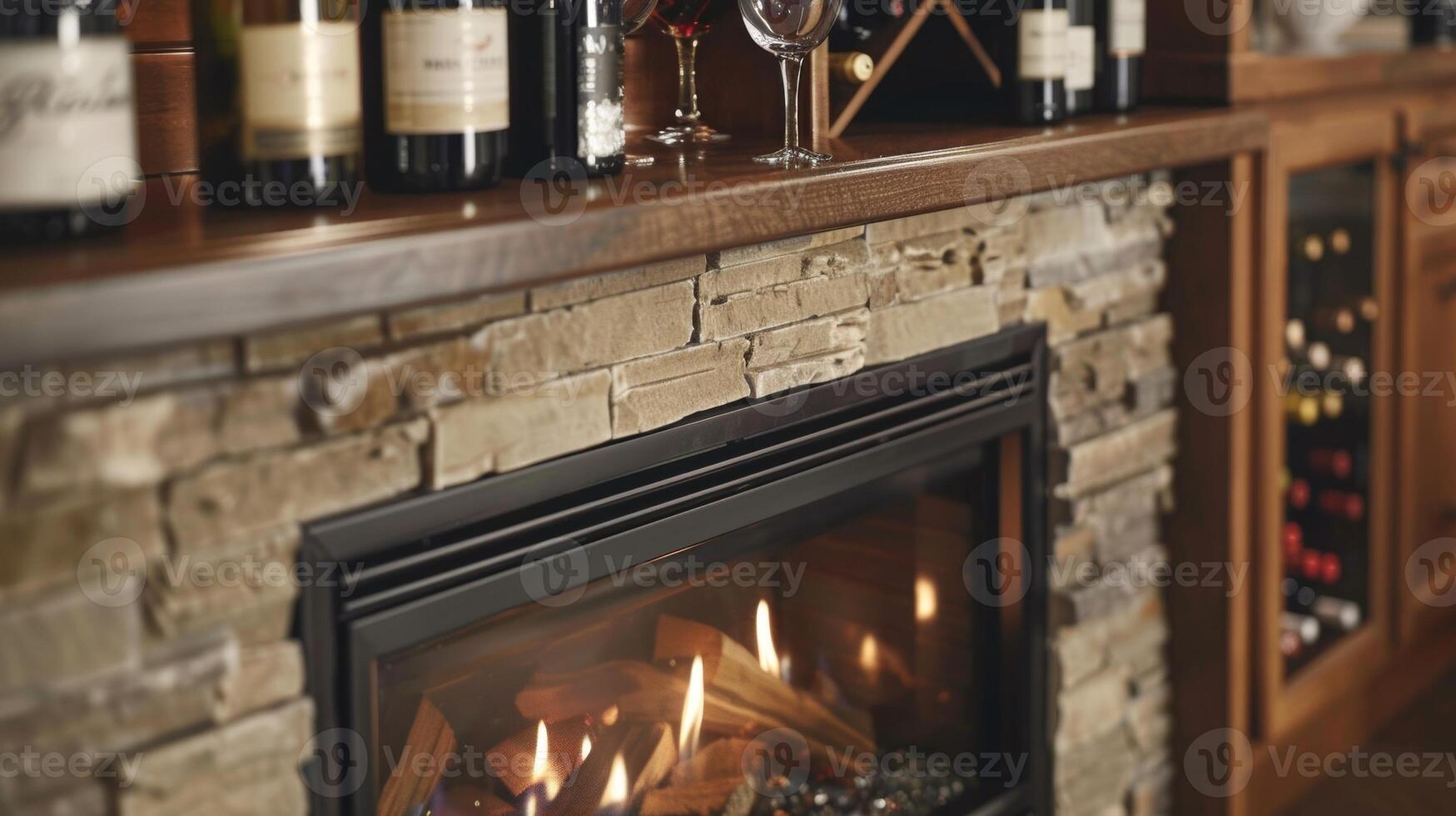 Admire the seamless blend of form and function in this fireplace complete with a builtin wine rack for easy access to your favorite vintages. 2d flat cartoon photo