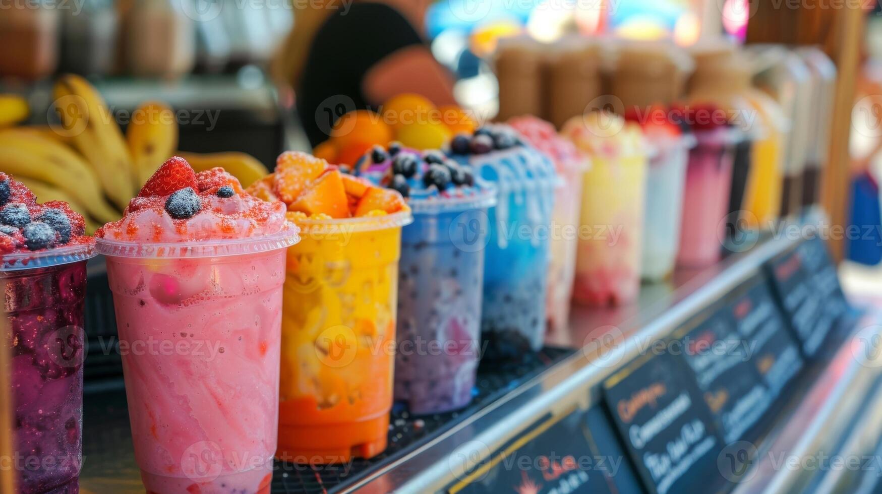 A chalkboard menu on the side of the stand lists the flavors currently available including kidfriendly options like strawberry lemonade and blueberry blast photo