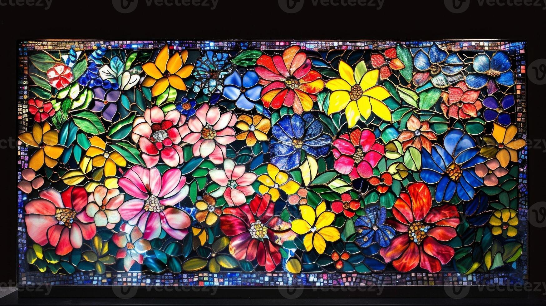 Blank mockup of a stained glass sculpture plaque featuring a colorful mosaic of flowers. photo