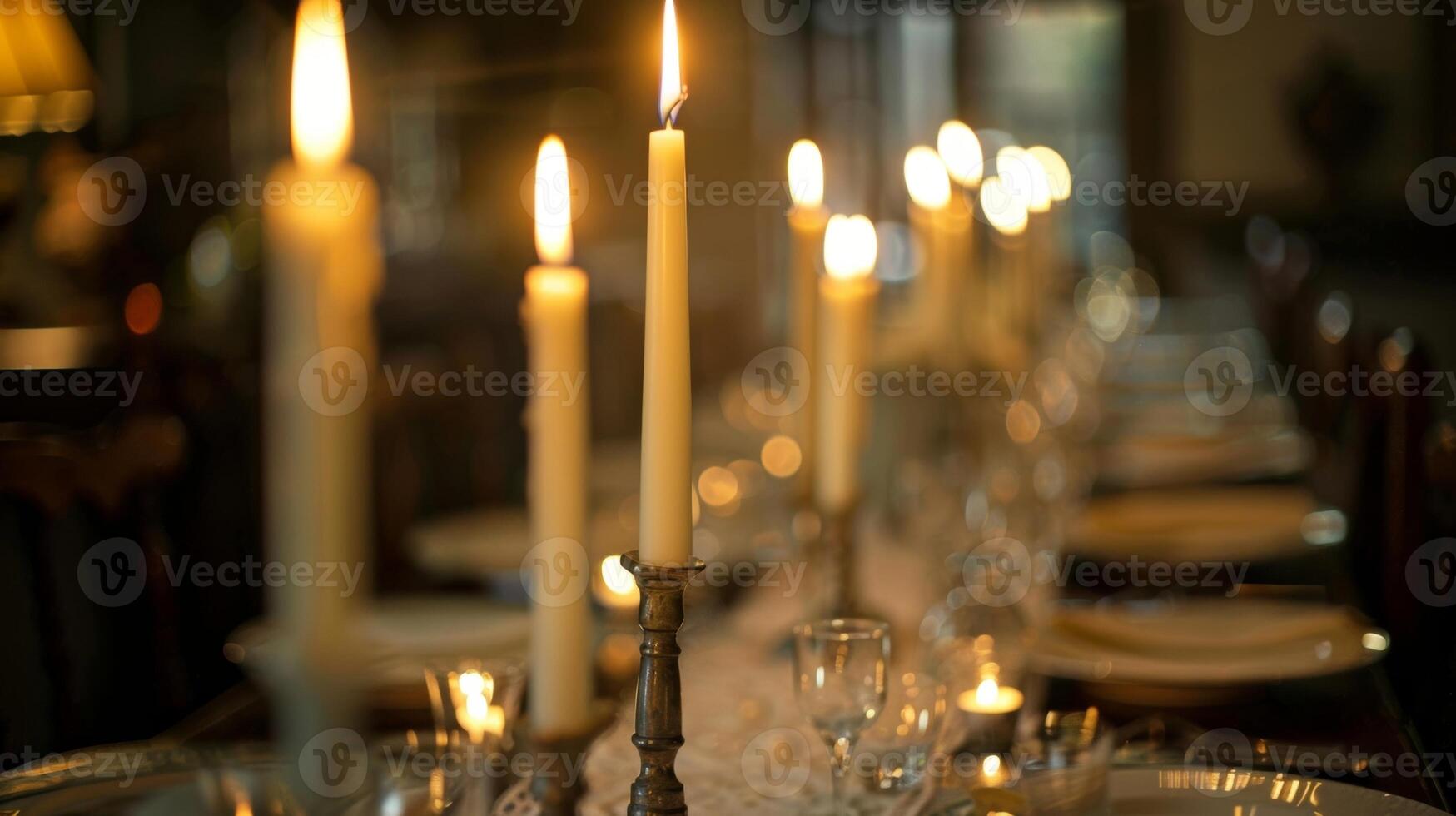 un largo estrecho comida mesa es forrado con un fila de elegante cirio velas como el habitación central creando un dramático y íntimo ambiente 2d plano dibujos animados foto