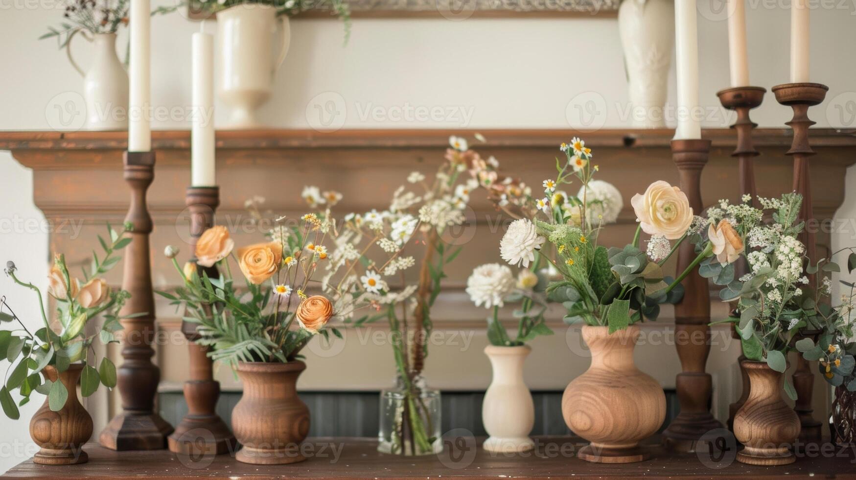 Wooden candlesticks and vases of freshly picked flowers decorate the mantel bringing touches of nature into the room. 2d flat cartoon photo