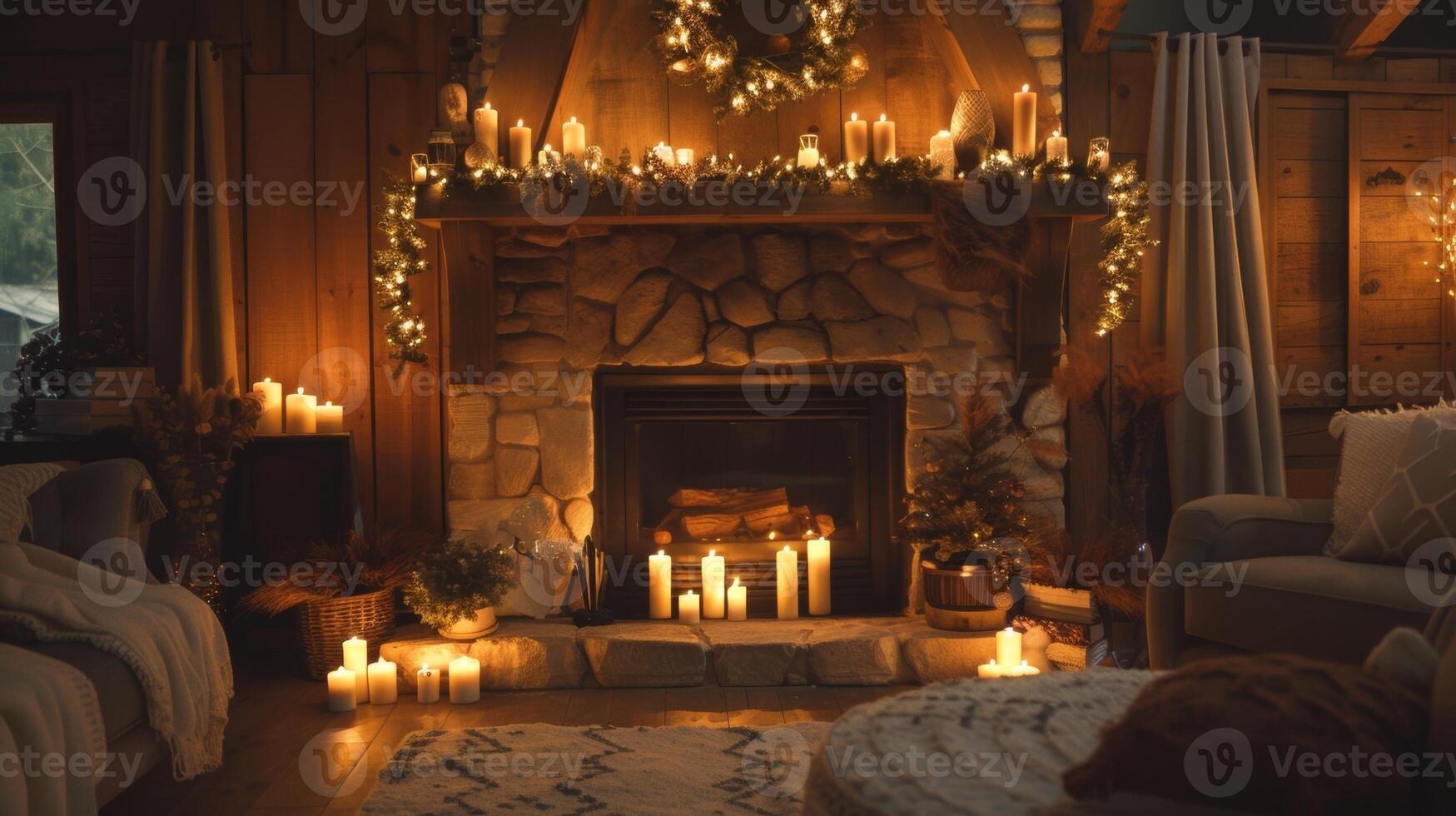 The mantle above the fireplace is decorated with flickering candles and a simple garland of dried flowers adding a touch of rustic charm to the room. 2d flat cartoon photo