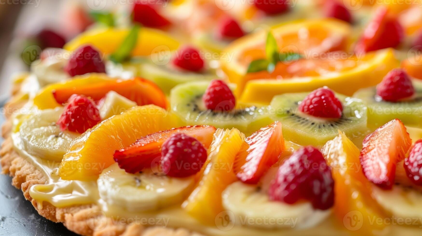 un tropical Fruta Pizza con un crujiente azúcar Galleta corteza coronado con un picante limón vidriar y un vistoso formación de rebanado tropical frutas foto