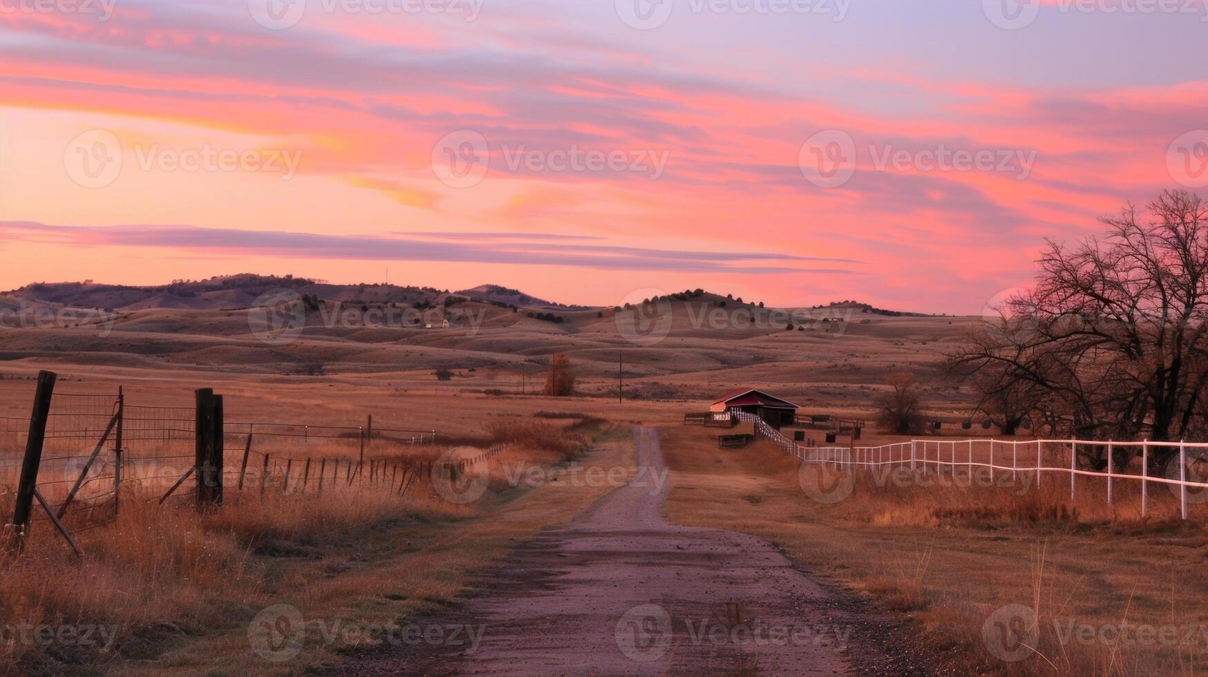 The sky transforms from shades of pink to orange as the sun peeks out over the horizon casting a warm glow on the ranch photo