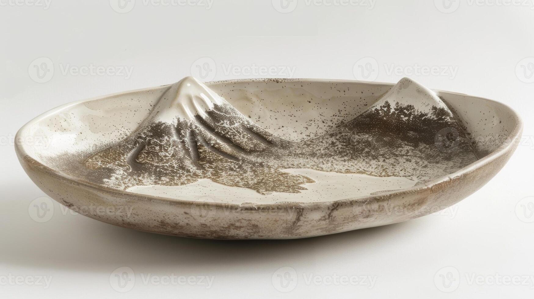 A rustic ceramic platter handshaped and decorated with a speckled finish reminiscent of a mountain landscape. photo