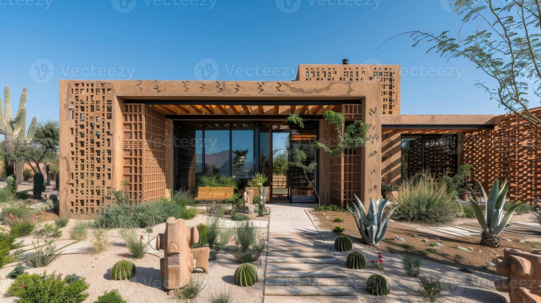 A modern home constructed with clay blocks and adorned with intricate clay sculptures illustrating the blend of old and new in innovative clay building. photo