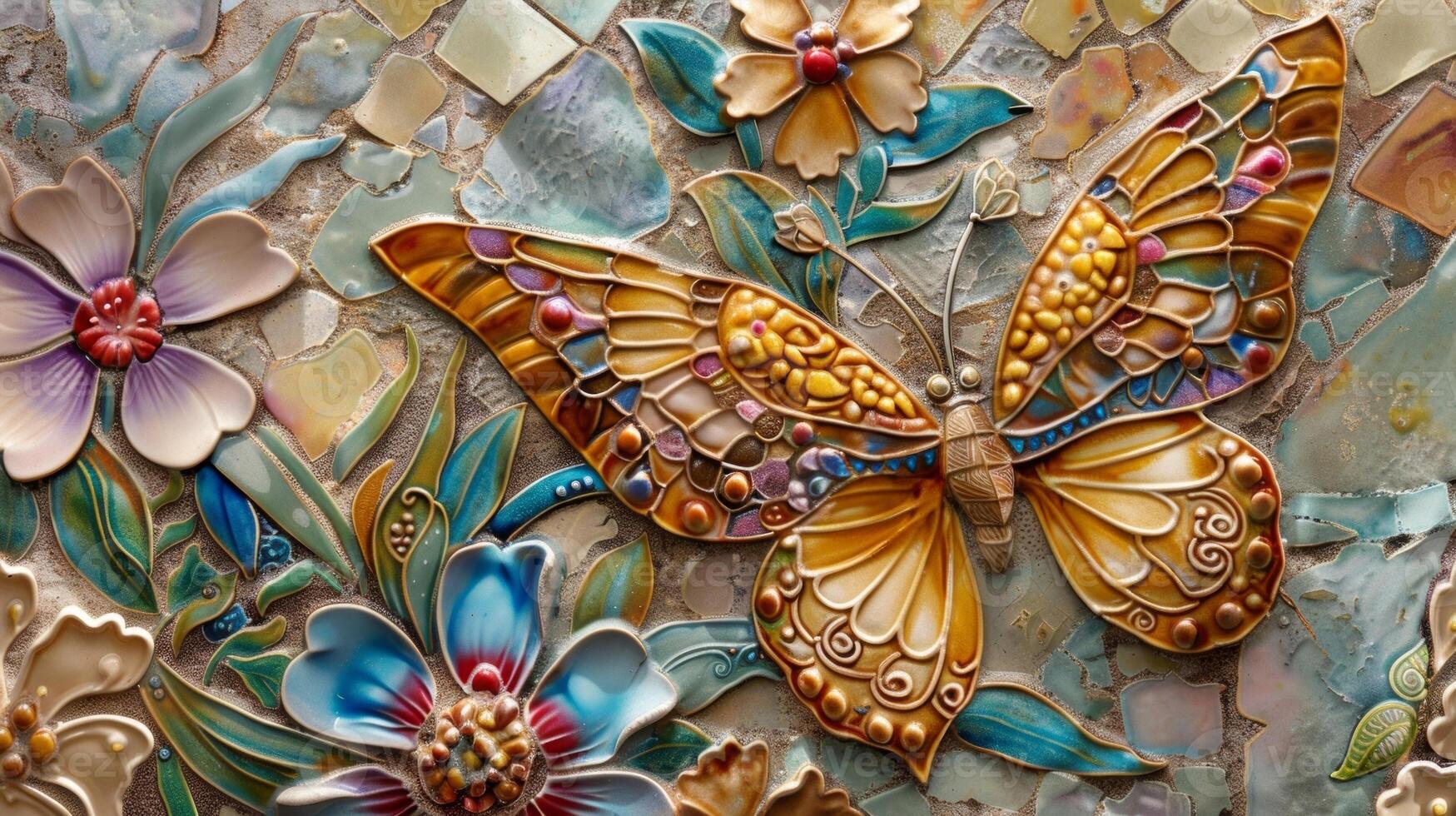 Watch as the sunlight dances off the intricate patterns and glazes of a detailed ceramic butterfly and flower mosaic. photo